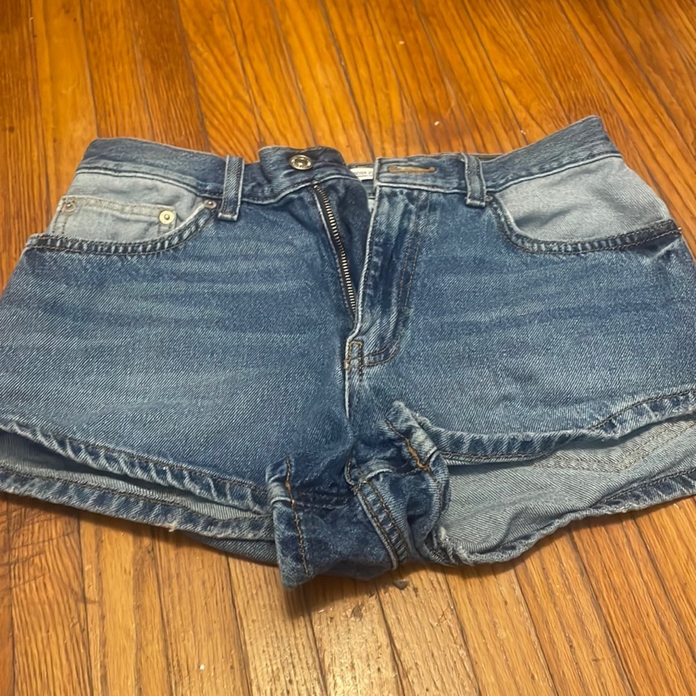 jean shorts, dark blue and light blue, only worn a few times, they are a size 26
